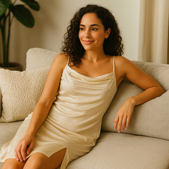 Her Destiny Other - Her Destiny Nightgown Dress Women Large Ivory Satin Slip Ruched Top Pearls Sexy